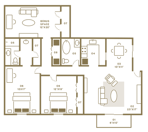 Floor plan for 2 beds, 2 baths, 1350 sqft